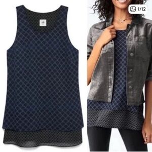 NWT CAbi#3783 Scallop top Check Border Tank Top